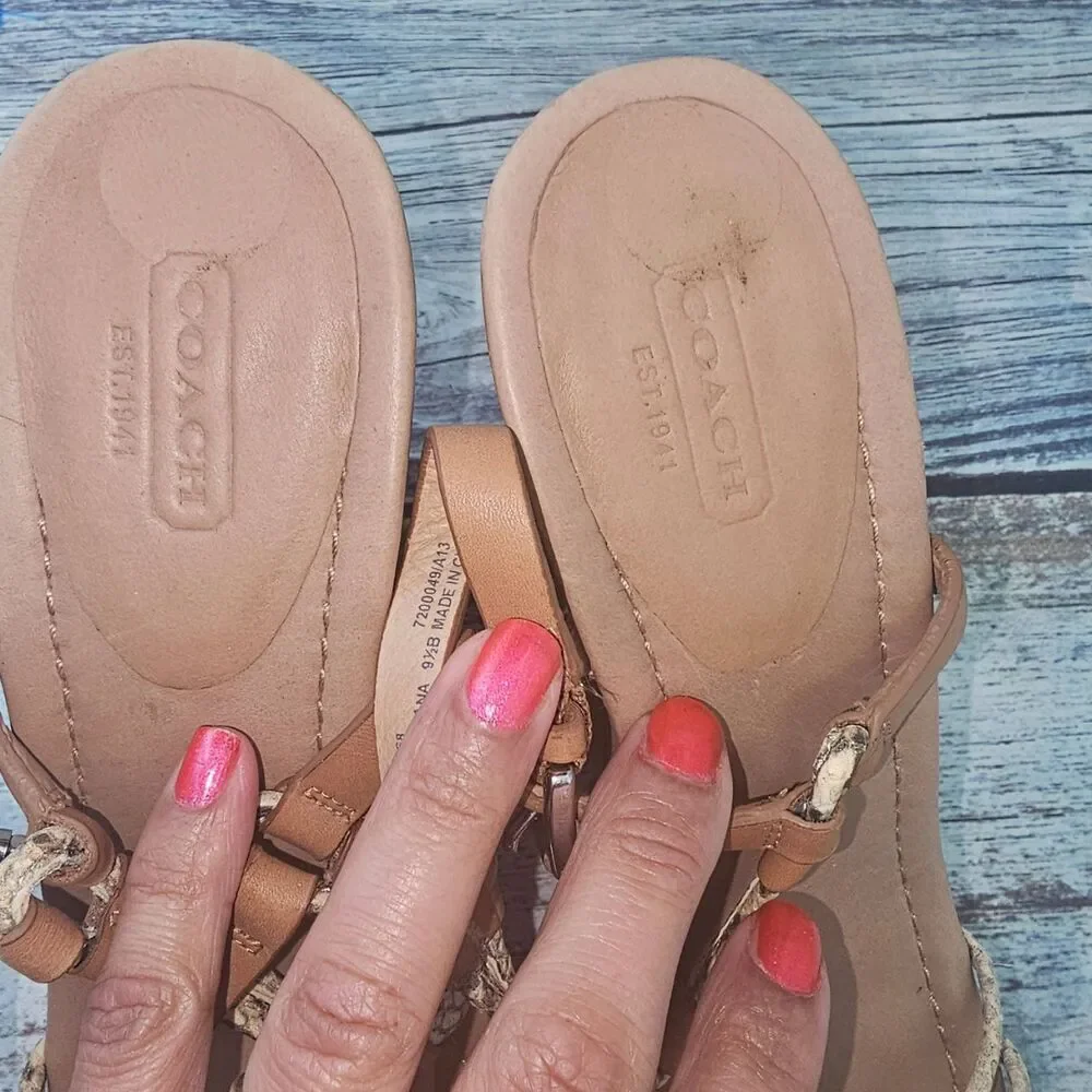 Coach Sandal Womens 9.5 Beige Tan Cork Wedge Braided Straps Open Toe Chic - Picture 4 of 13